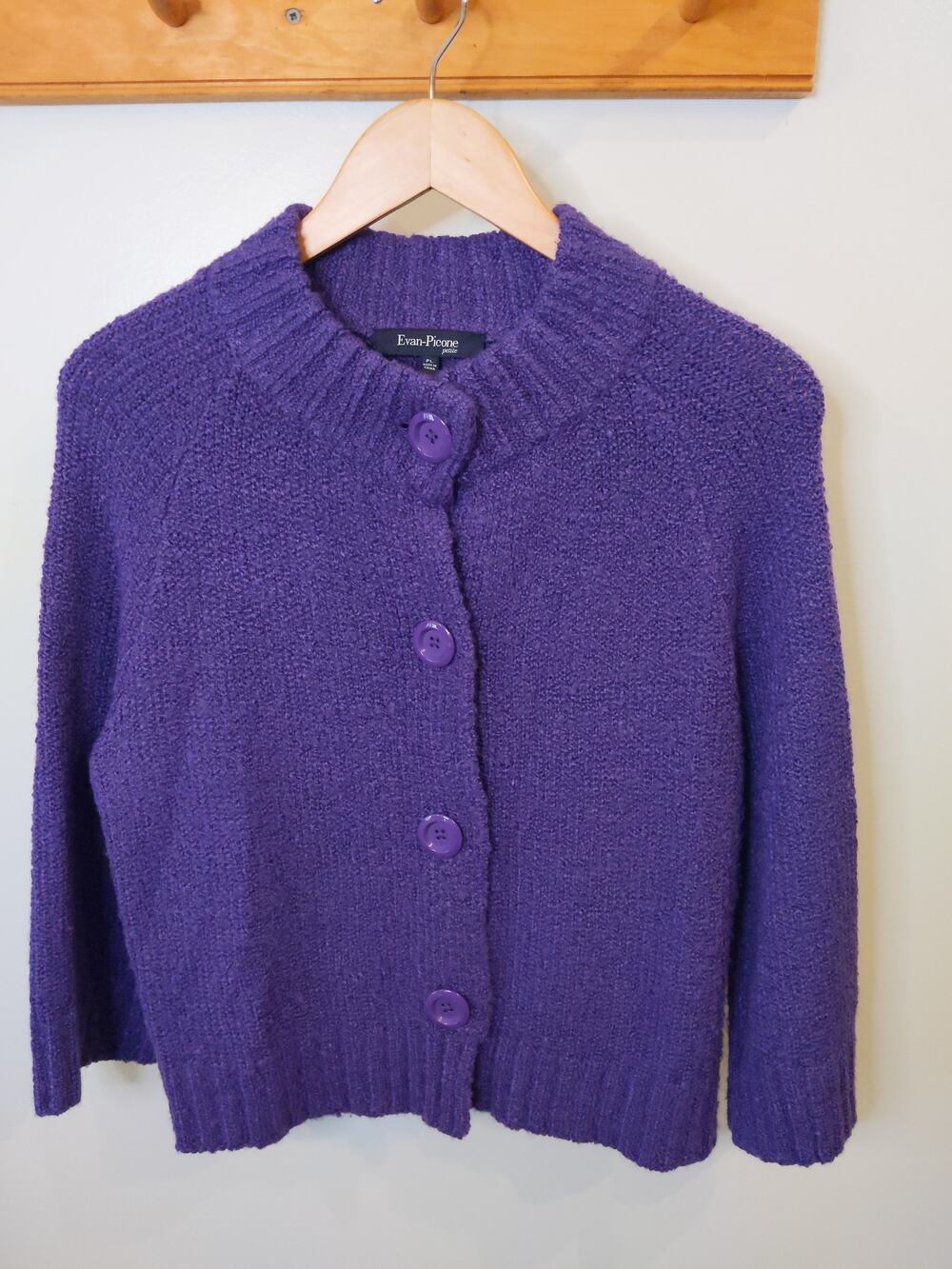 Evan-Picone Petite Purple Fuzzy Cardigan Sweater Button Front Textured PL